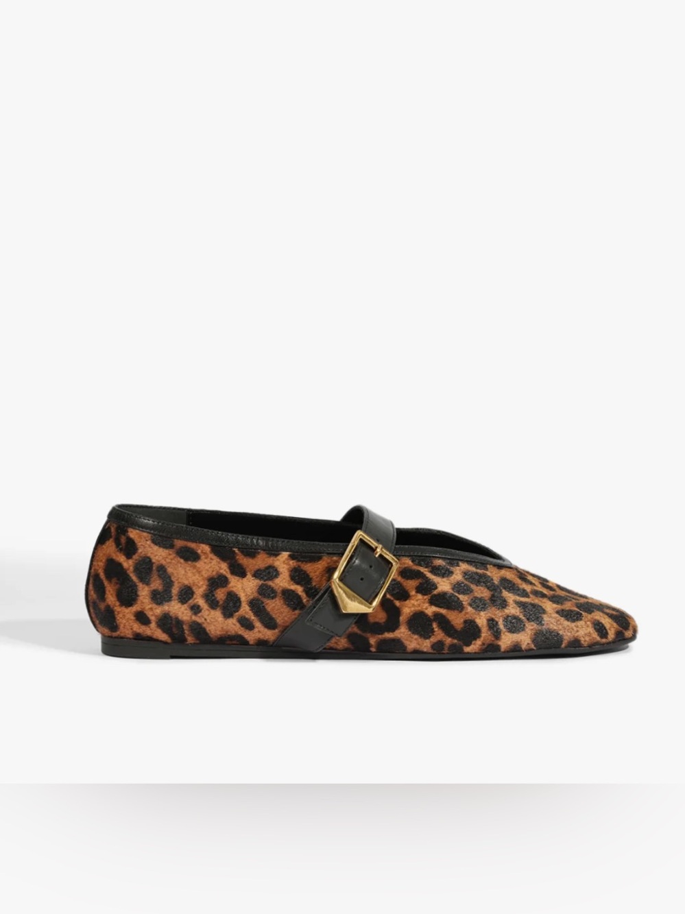 SCHUTZ Leopard-Print Mary Jane Flat with Black Strap and Gold Buckle
